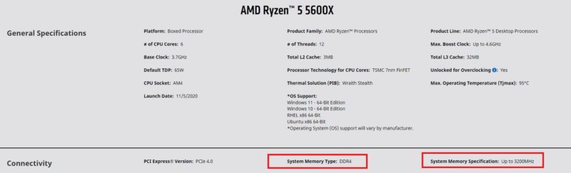 AMD Ryzen 5 5600X ram specifications